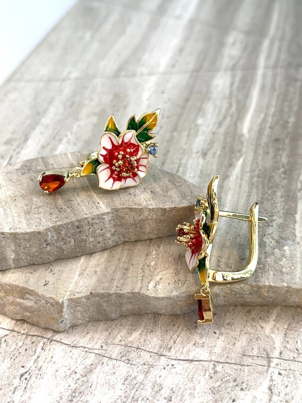 NEW ~ Anthropologie Enamel Flower Crystal Drop Lever Back Earrings - Picture 4 of 16